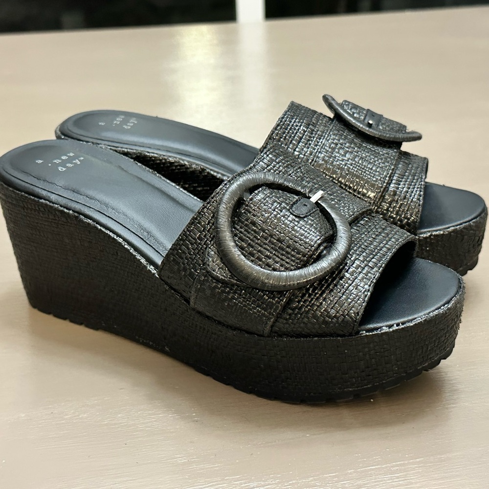 A New Day Black Raffia Wedge Mule Sandals Buckle Platform Slide 8.5